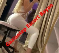 Advertisement image for Gaziantep Escort Bayan showing a person posing in white leggings with red diagonal text across the photo.