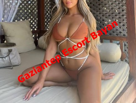Advertisement image of a woman in a bikini posing on a bed in a cabana with red text reading 'Gaziantep Escort Bayan'.
