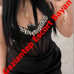 Partial view of a woman in a low-cut black dress with gold jewelry, overlaid by red diagonal text reading 'Gaziantep Escort Bayan'.