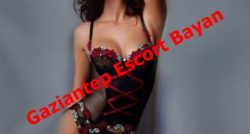 Advertisement image of a woman in black lace lingerie; red watermark Gaziantep Escort Bayan.
